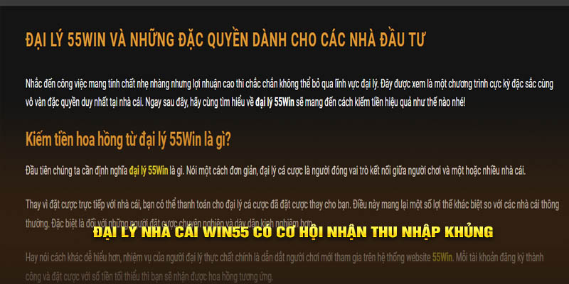 Đại lý nhà cái Win55 có cơ hội nhận thu nhập khủng